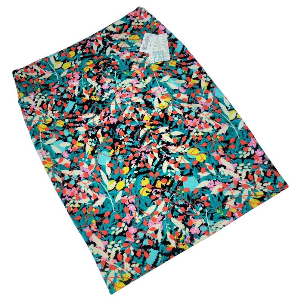 LuLaRoe Cassie Skirt 2XL Multicolor Floral Black Aqua Pink Spring Summer Pencil